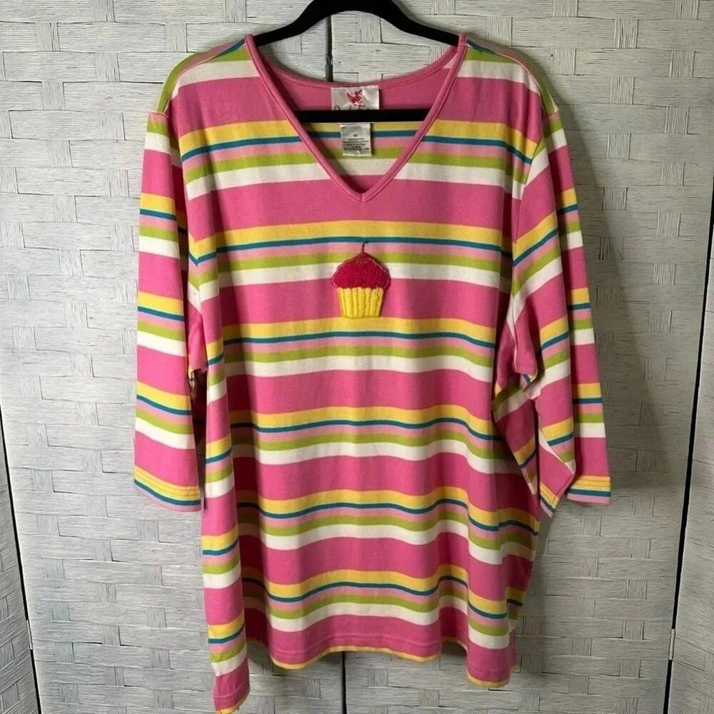 Quacker Factory‎ vintage pink and yellow stripes with sparkly cupcake plus size